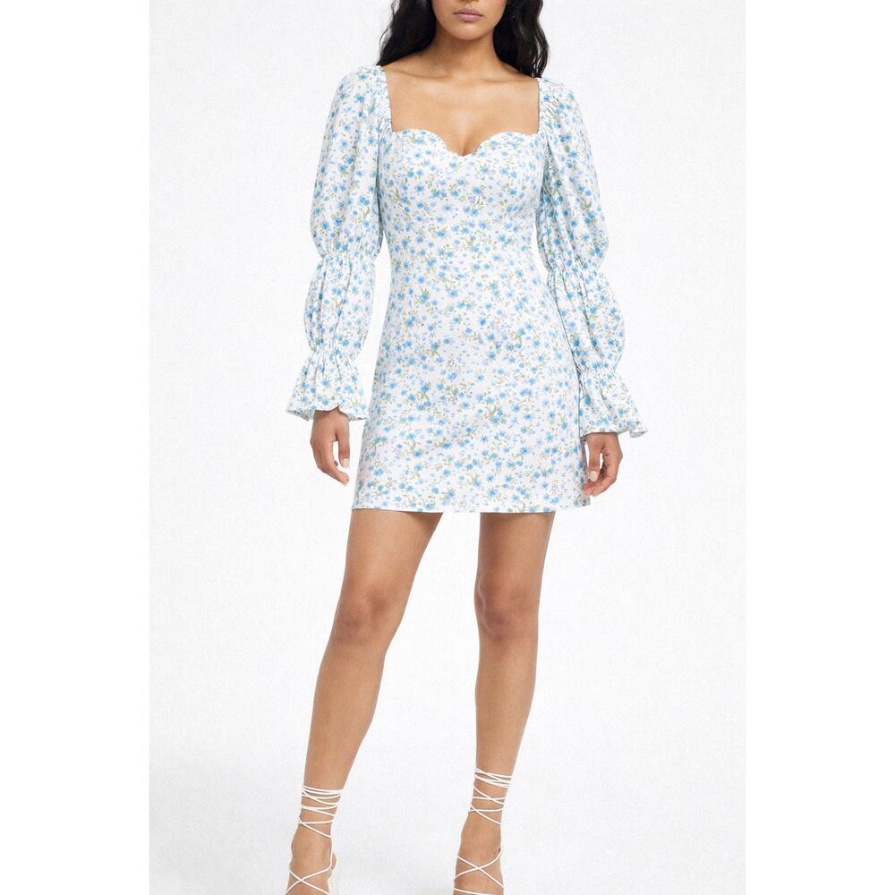 ASOS Design Blue Floral Milkmaid Mini Dress Long Sleeve Cottagecore Size 6 Boho